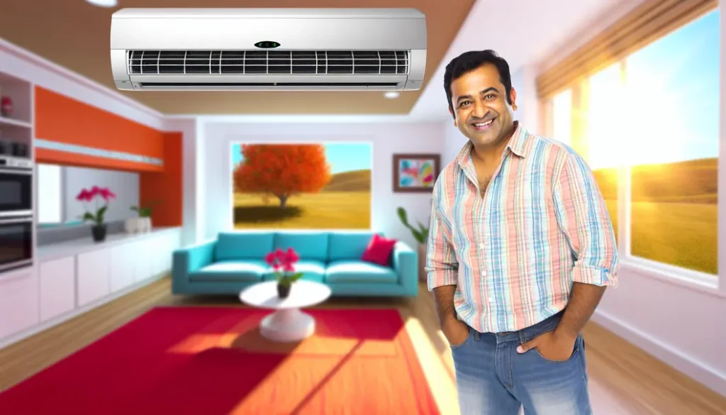 A happy homeowner relaxing in a cool, comfortable room with a visible air conditioning unit during a hot day in Houston.