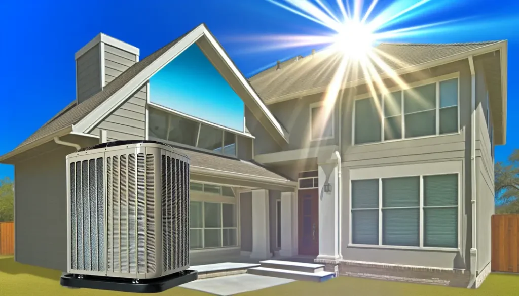 Photo-realistic image of a modern, energy-efficient air conditioning system installed outside a Houston home on a sunny day.