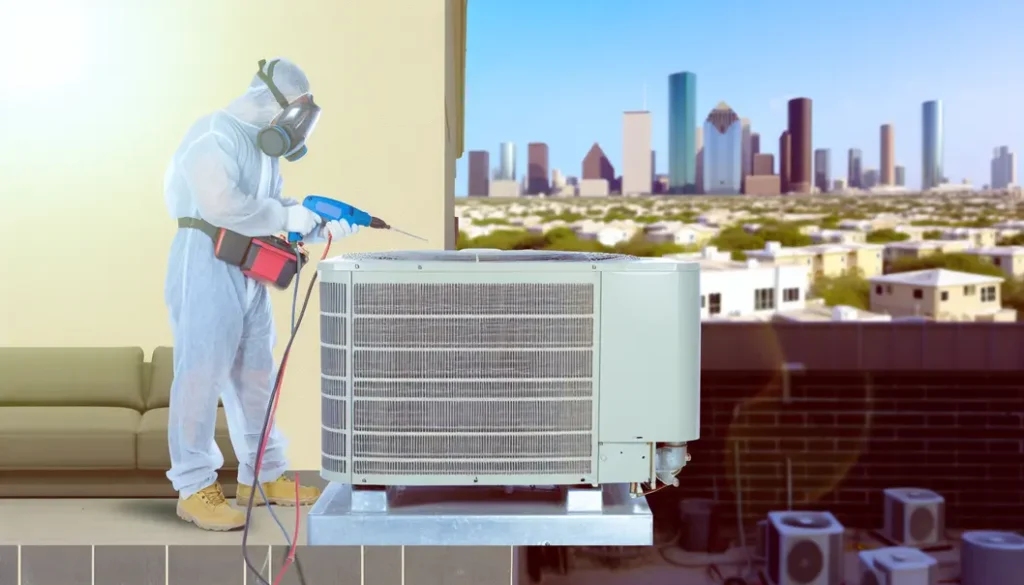 A technician performing AC repair on a residential air conditioning system outdoors in Houston under bright sunlight