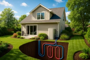 Houston backyard with geothermal piping and a modern home demonstrating sustainable cooling.