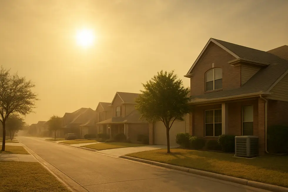 A Houston neighborhood during a hot summer day with intense sunlight, residents seeking relief indoors, emphasizing the demand on HVAC systems.