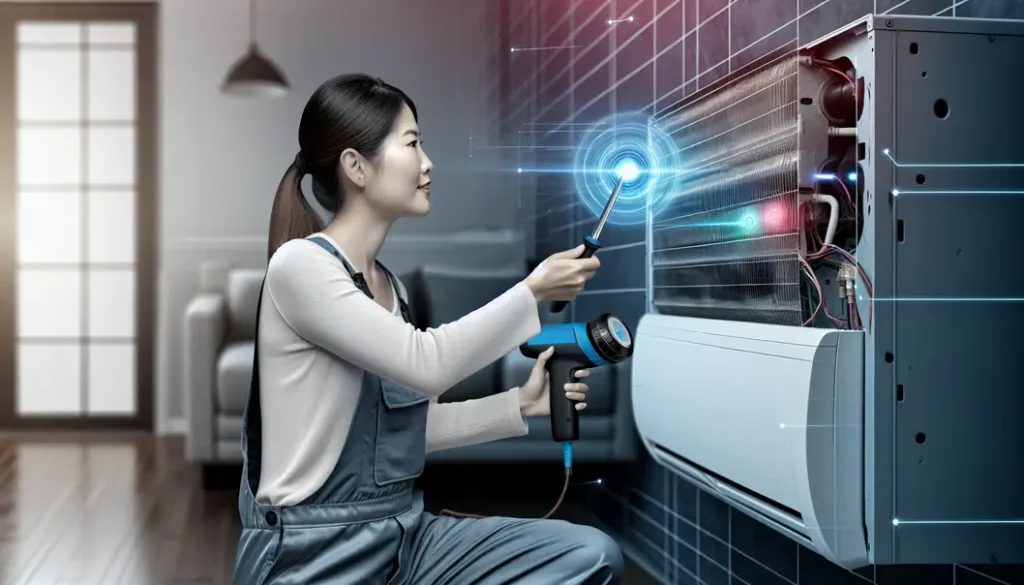 HVAC technician working with AI diagnostic equipment on a modern heating and cooling system.